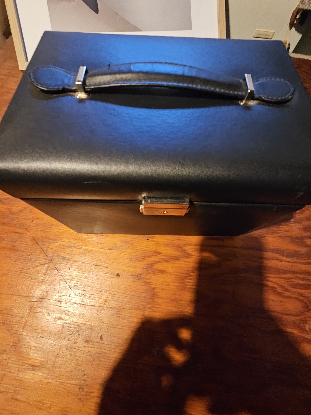 Compact Black Leather Jewelry & Toiletry Case with Top Handle